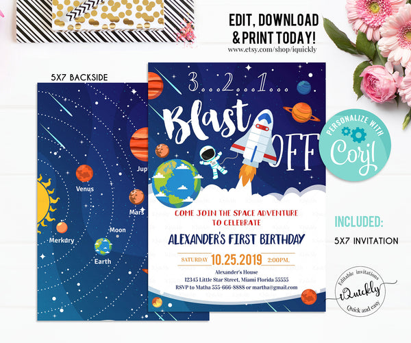 Space Birthday Invitation Editable Astronaut Planet Invitations Outer Space Party Solar System invites Rocket Ship Template Instant download