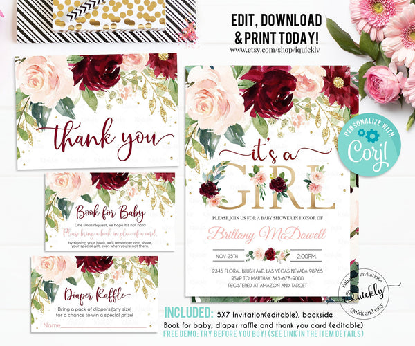 EDITABLE Burgundy Baby Shower Invitation Set, Its a Girl Pink Floral Package Invites Template, Bundle Pack book for baby Diaper Download