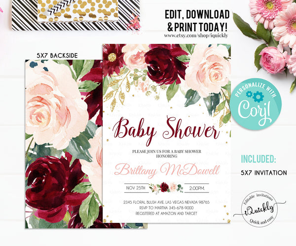Burgundy baby shower invitation, Editable Girl Pink Floral Invitations, Baby Shower Invites Template Printable Instant download