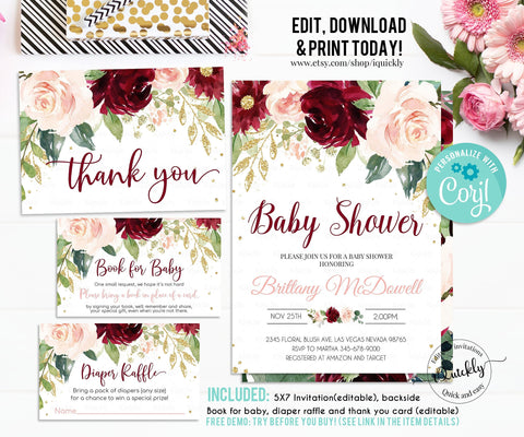EDITABLE Burgundy Baby Shower Invitation Set, Girl Pink Floral Package Invites Template, Bundle Pack book for baby Diaper Instant Download