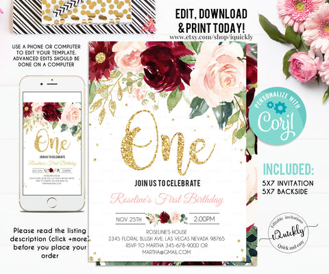 EDITABLE Burgundy Floral Baby's First Birthday Party Invitation, Printable 1st Birthday Invite Template, Boho Girl, One Instant download