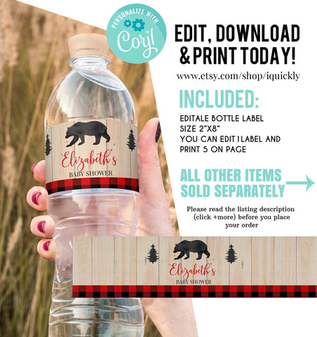 Lumberjack Baby Shower Bottle labels Editable, Buffalo Plaid Water labels, Wilderness Bear, Rustic Boy Shower, Cub Template Instant Download
