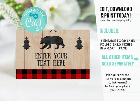 EDITABLE Lumberjack Food tags, Buffet label, Tent card Food Labels, Place Cards, Table Card Printable Template, Boy Instant download