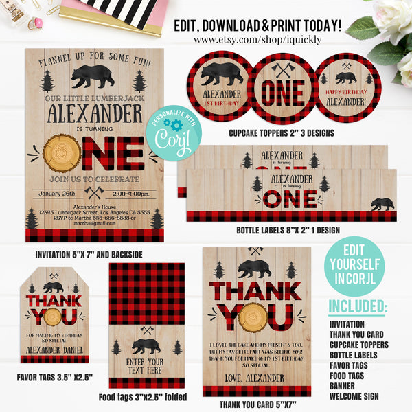 Editable Lumberjack Party Decorations Buffalo Plaid Party Package Birthday Invitations Rustic Boy Bear cub Template Digital Instant Download