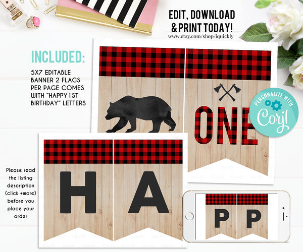 Editable Lumberjack Party Decorations Buffalo Plaid Party Package Birthday Invitations Rustic Boy Bear cub Template Digital Instant Download
