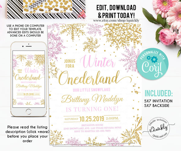 Editable Winter Onederland Invitation, Girl Snowflake First Birthday Pink and gold Winter Wonderland Invites 1st Birthday Template Download