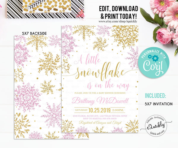 Editable Snowflake baby shower invitation, A little snowflake is on the way invitations, Girl Winter wonderland invites, Template download