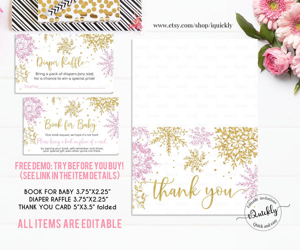 Editable Snowflake Baby Shower Invitation Set, EDITABLE Girl Winter Pink and gold Pack invitations Package a little snowflake is on the way