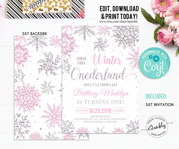 Editable Winter Onederland Invitation, Girl Snowflake First Birthday Pink Silver Winter Wonderland Invites 1st Birthday Template Download