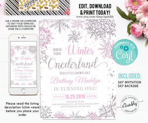 Editable Winter Onederland Invitation, Girl Snowflake First Birthday Pink Silver Winter Wonderland Invites 1st Birthday Template Download