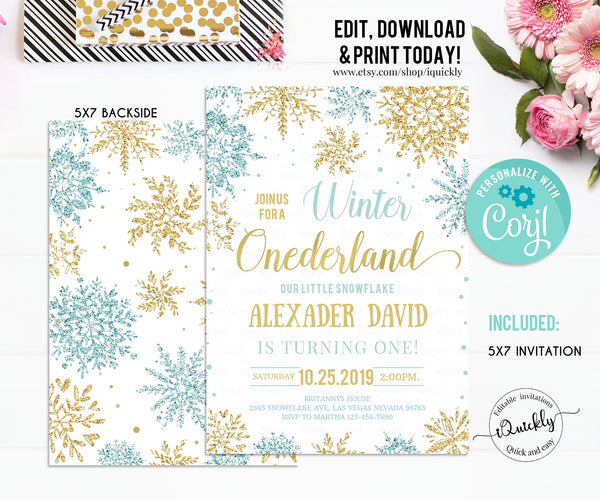 Editable Winter Onederland Invitation, Boy Snowflake First Birthday Blue and gold Winter Wonderland Invites 1st Birthday Template Download