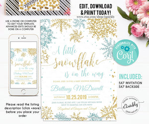 Snowflake baby shower invitation, EDITABLE A little snowflake is on the way invitations, Boy Winter blue and gold invites, Template download