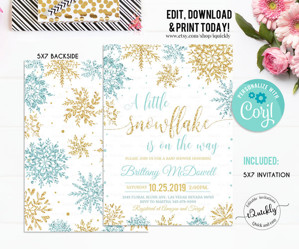 Snowflake baby shower invitation, EDITABLE A little snowflake is on the way invitations, Boy Winter blue and gold invites, Template download