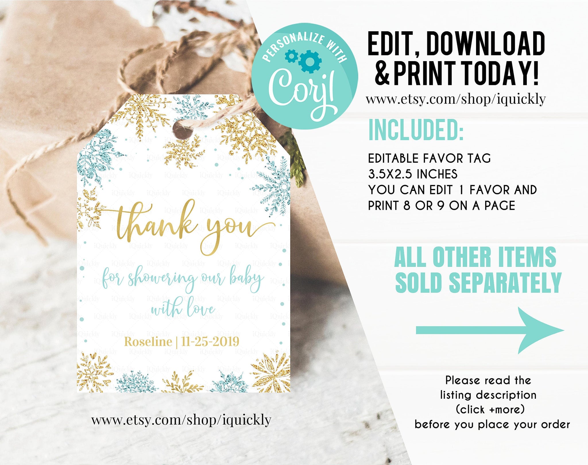 Editable Snowflake Baby shower favor tags, Thank you tags Gift Tags Boy blue and gold Winter wonderland Template printable instant download
