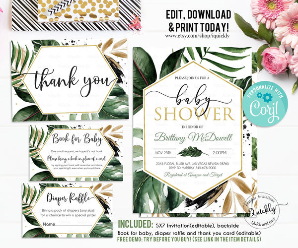 Tropical Baby Shower Invitation Set, Editable Gender Neutral Pack, Greenery Palm Leaf Gold Package Template Printable Instant download
