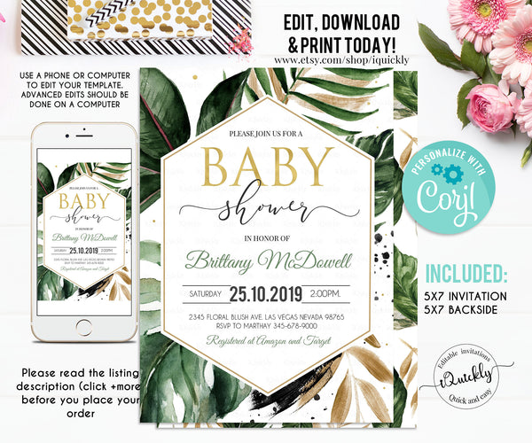 Tropical Baby Shower Invitation Editable Beach Baby Shower invite Gender Neutral Greenery Palm Leaf Gold Template Printable Instant download