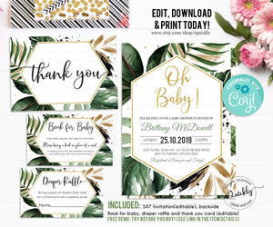 Tropical Baby Shower Invitation Set, Editable Gender Neutral Pack Bundle Greenery Palm Leaf Gold Package Template Printable Instant download