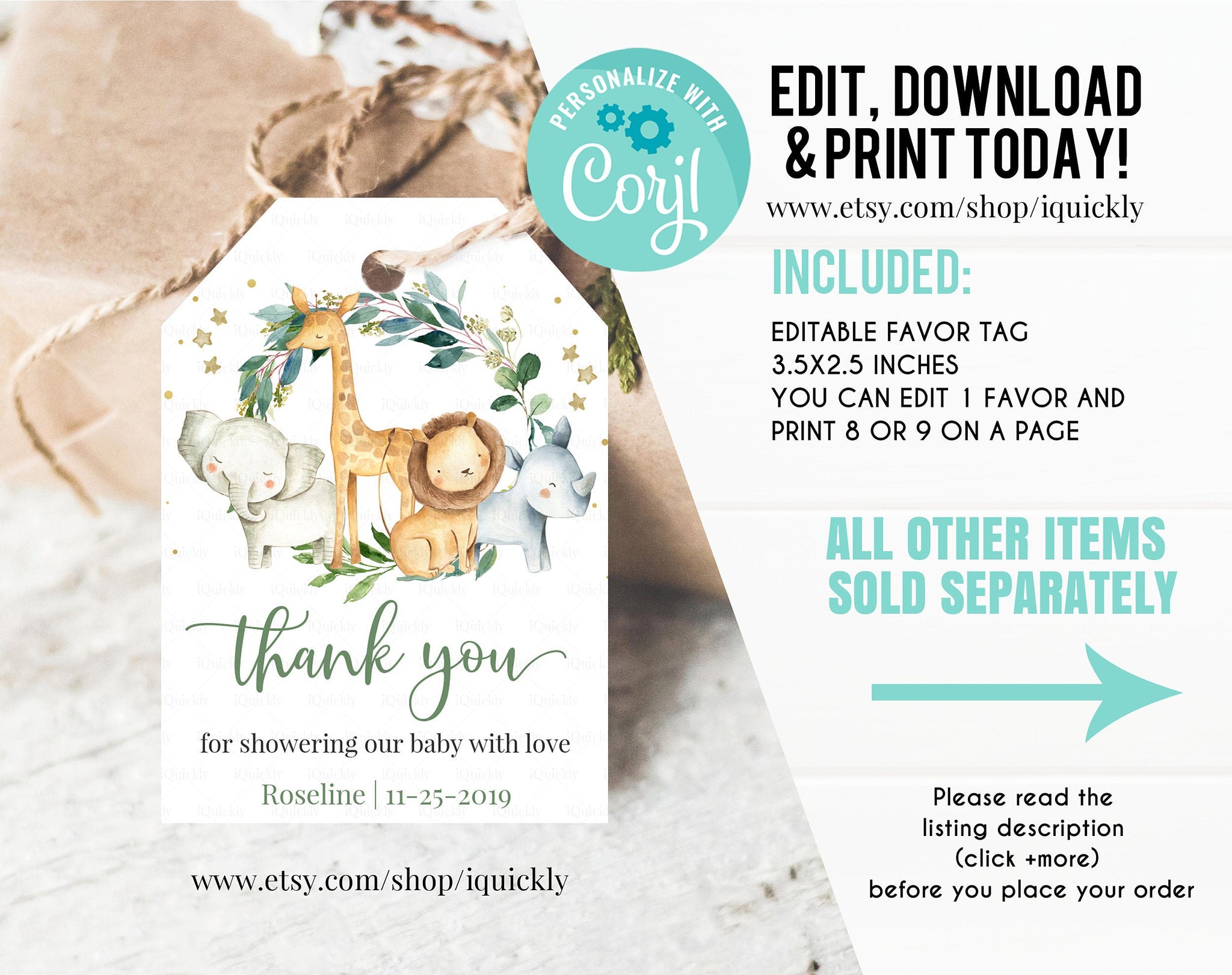 Safari Baby Shower Favor tags EDITABLE Gender Neutral Jungle Animals Thank you tags a wild one Gift tags template printable Instant download