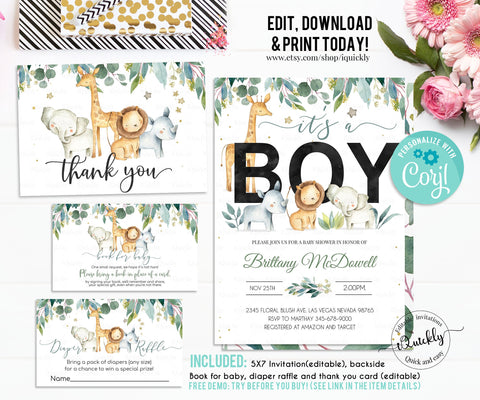 Safari Jungle Baby Shower Invitation Set, Editable Gender Neutral Its a boy Pack A wild one Boy Baby shower bundle Template Instant download