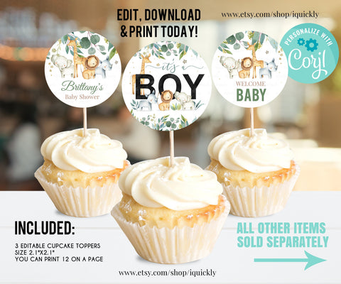 EDITABLE Safari baby shower Cupcake Toppers, Gender neutral Jungle Baby Shower Decorations, Birthday Cake toppers Instant download Printable
