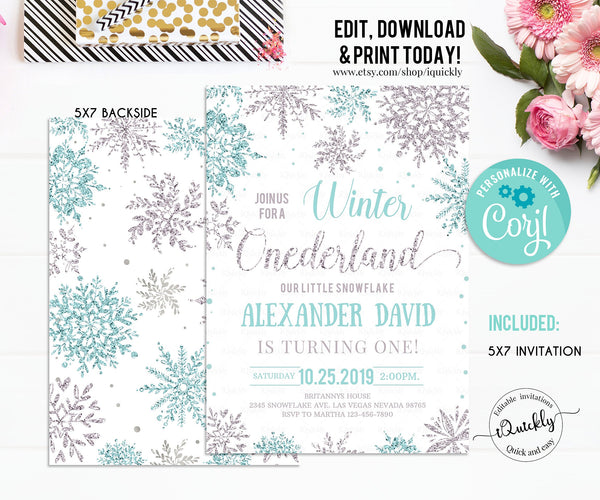 Editable Winter Onederland Invitation, Boy Snowflake First Birthday Blue silver Winter Wonderland Invites 1st Birthday Template Download