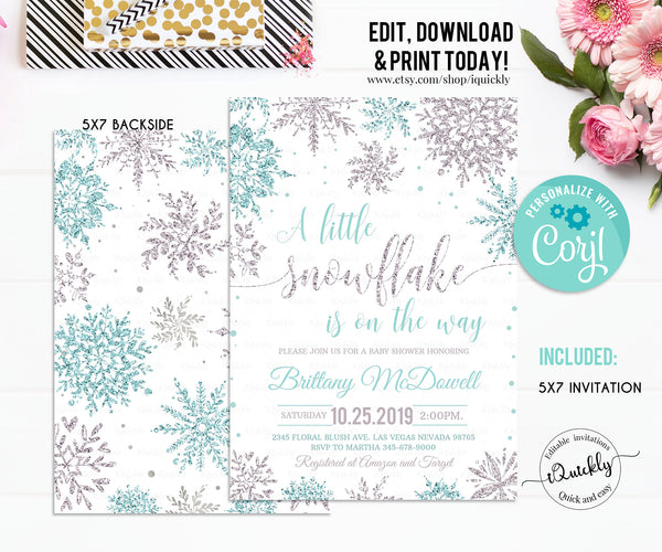 Snowflake baby shower invitation, EDITABLE A little snowflake is on the way invitations, Boy Winter blue silver invites, Template download