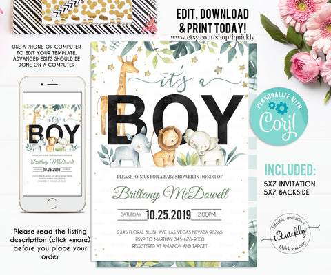 Safari Baby shower Invitation boy, Editable Jungle baby shower invites, Its a boy Gender Neutral A Wild one, Template Instant dowload