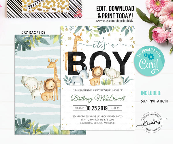 Safari Baby Shower Invitation Set, Editable Jungle Baby shower Bundle Pack, A wild one Boy Package, Diaper raffle Template Instant download