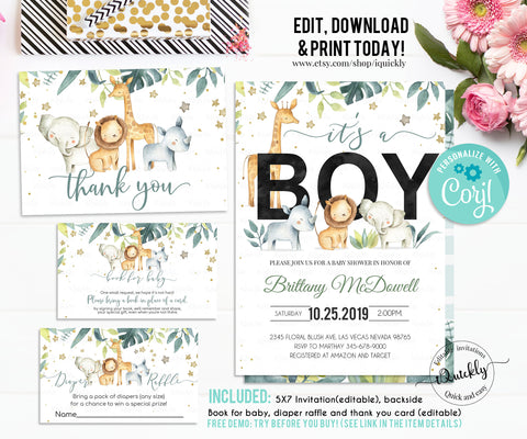 Safari Baby Shower Invitation Set, Editable Jungle Baby shower Bundle Pack, A wild one Boy Package, Diaper raffle Template Instant download