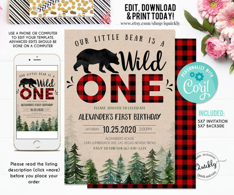 Editable Lumberjack First Birthday Invitation, Wild One Boy Birthday Invitations Buffalo Plaid Digital Instant download