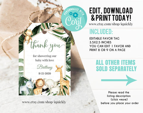 Safari Baby Shower Favor tags EDITABLE, Gender Neutral, Boy Jungle Thank you tags, A wild one Gift tags Template printable Instant download