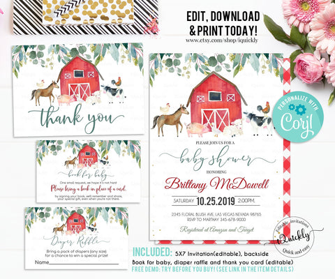 Farm Baby Shower Invitation Set, EDITABLE Gender Neutral Pack, Farm animals invitations, Package Farm Theme Boy Baby shower Instant download