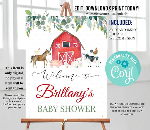 Farm Baby Shower Welcome Sign, EDITABLE, Gender Neutral, Farm animals Birthday sign, Digital, Farm Theme Party decorations Instant download