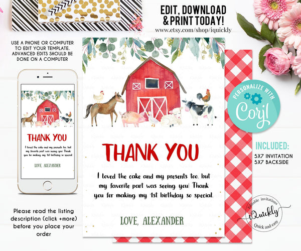 EDITABLE Farm Thank you card, Barnyard First Birthday Note card, Farm Animals Printable Birthday Template card Printable Instant download