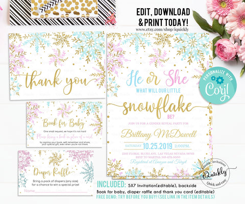 Editable Snowflake Baby Shower Invitation Set Gender Reveal, EDITABLE Girl Winter Pack invitations Package a little is snowflake on the way