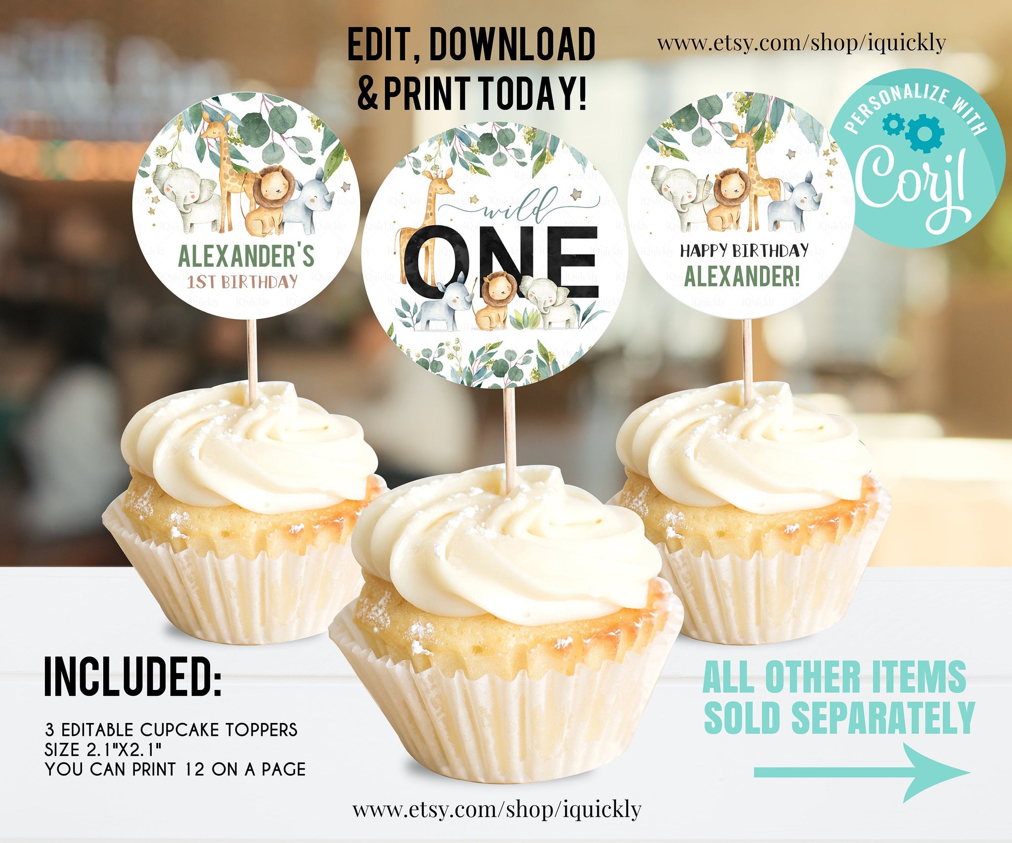 EDITABLE Safari Birthday Cupcake Toppers, Jungle animals Party Decorations, Wild One Cupcake toppers Instant download Printable Digital