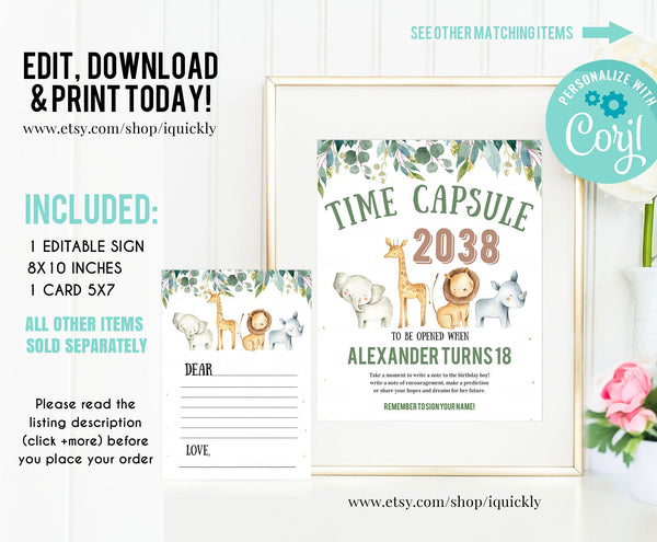 EDITABLE Safari Time Capsule and Matching Note Cards, Jungle Animals 1st Birthday Time Capsule, Wild one First Birthday Instant download