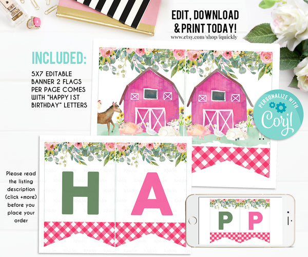 Editable Farm Party Decorations, Barnyard Party Package Birthday Invitations Girl Farm animals Invite, Template Digital Instant Download