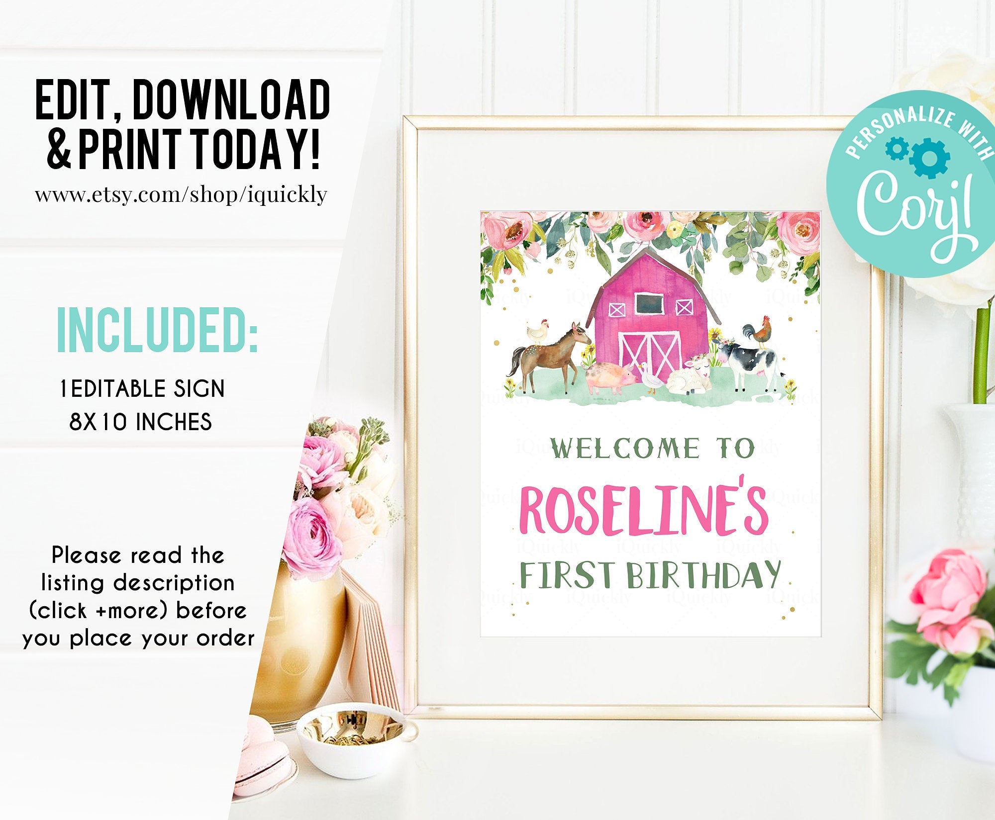 Farm Birthday Welcome Sign, EDITABLE, Girl Farm animals Birthday sign, Digital Pink Farm Theme Party decorations Instant download Printable