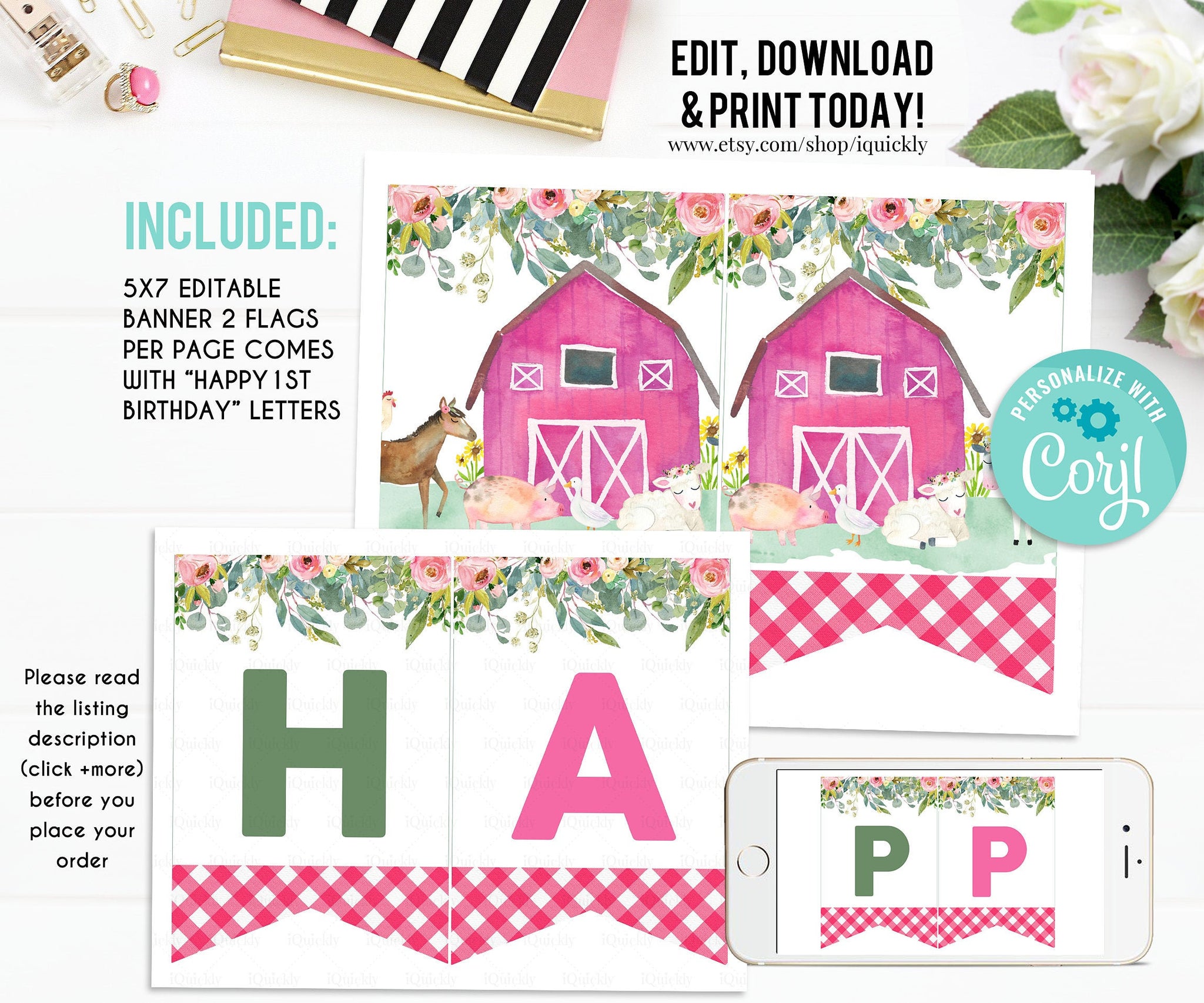 EDITABLE Farm Banner, Happy Birthday Banner, Girl Printable 1st Birthday bunting banner, Baby Shower Template, Printable Instant download