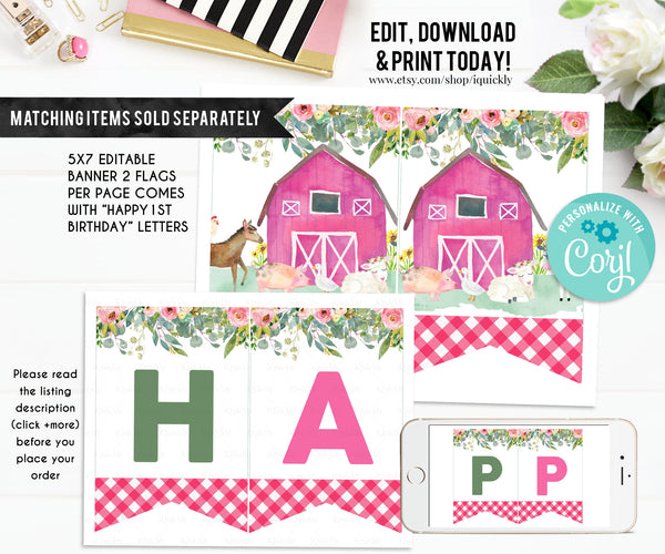 EDITABLE Farm Banner, Happy Birthday Banner, Girl Printable 1st Birthday bunting banner, Baby Shower Template, Printable Instant download