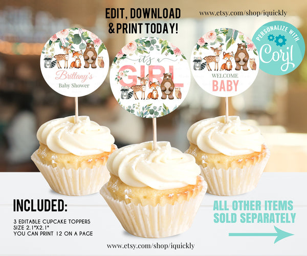 EDITABLE Woodland baby shower, Cupcake Toppers Girl Baby Shower Decorations, Baby Forest animals Birthday toppers Instant download Printable
