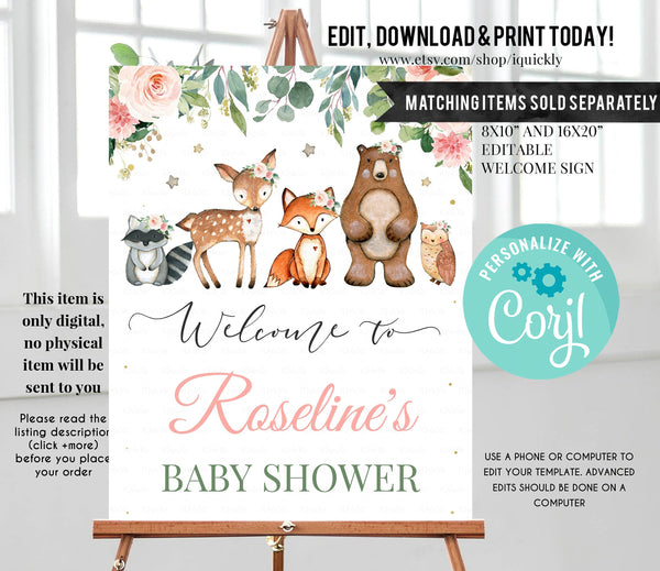 Woodland Baby Shower Welcome Sign, EDITABLE, Girl woodland animals Birthday sign, Digital, Woodland Theme Instant download Template