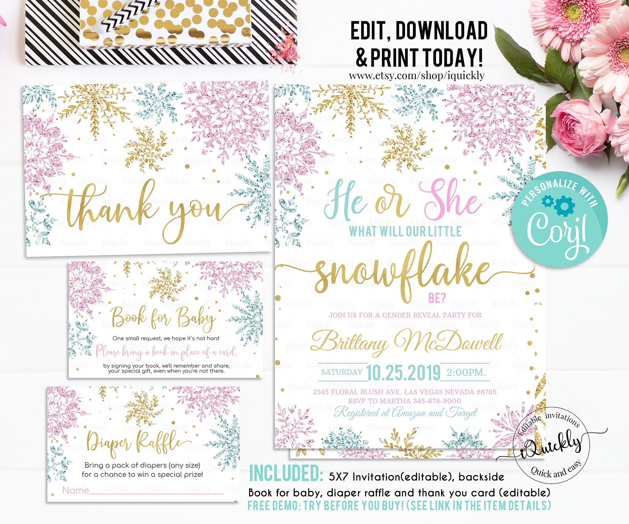 Editable Snowflake Baby Shower Invitation Set Gender Reveal, EDITABLE Girl Winter Pack invitations Package a little is snowflake on the way