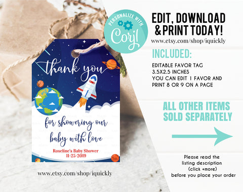 Space Baby Shower Favor Tags, Editable Planet Thank you tags, Solar System Gift tags It's a Boy Galaxy Outer Space Template Instant download