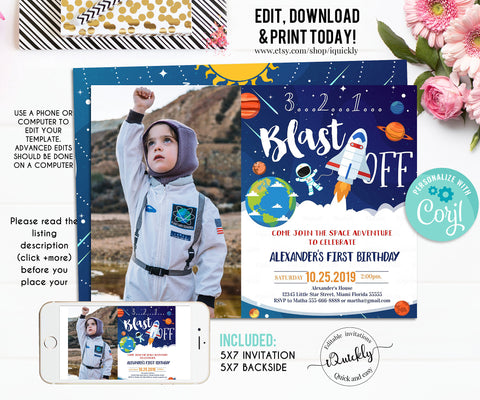 Space Birthday Invitation Editable Astronaut Planet Invitations Outer Space Party Solar System invites Rocket Ship Template Instant download