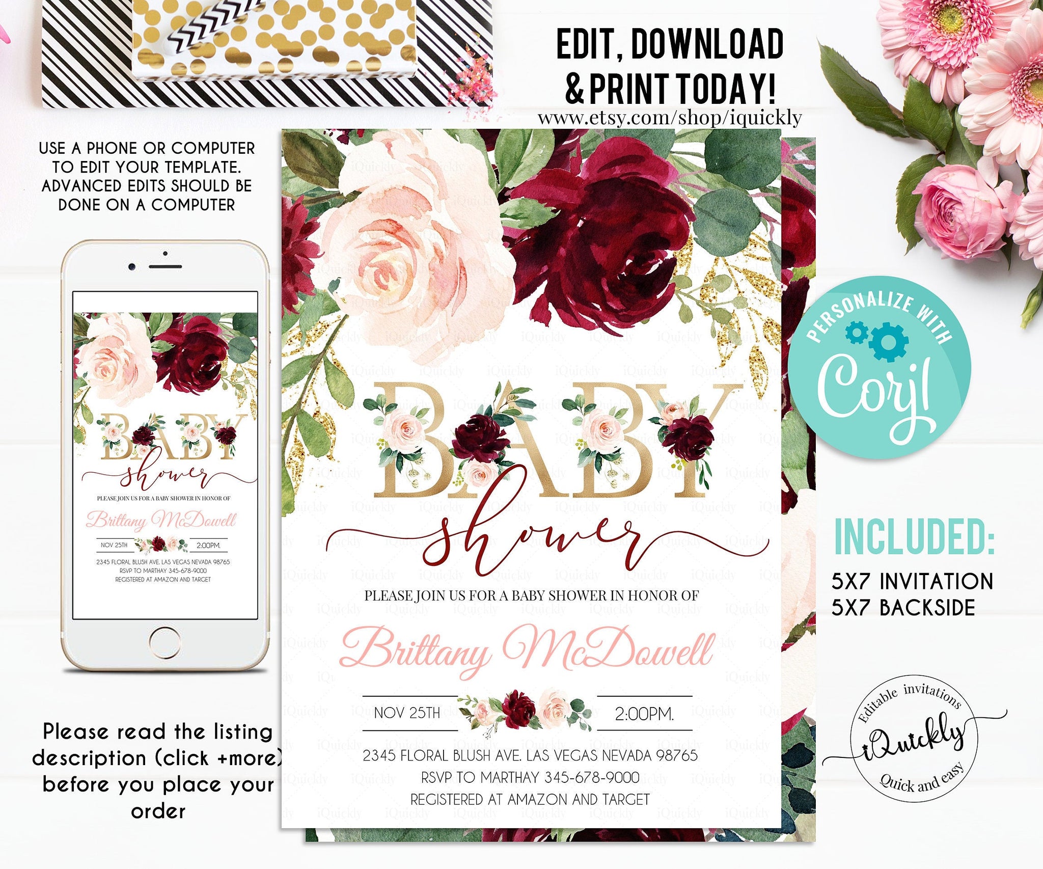 Burgundy baby shower invitation, Editable Girl Pink Floral Invitations, Baby Shower Invites Template Printable Instant download