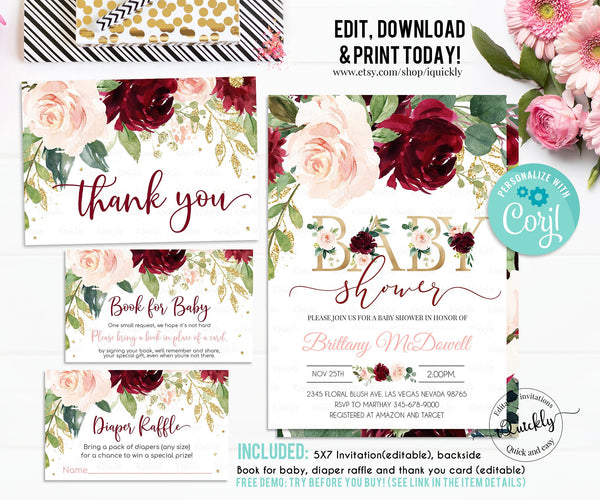 EDITABLE Burgundy Baby Shower Invitation Set, Girl Pink Floral Package Invites Template, Bundle Pack book for baby Diaper Instant Download