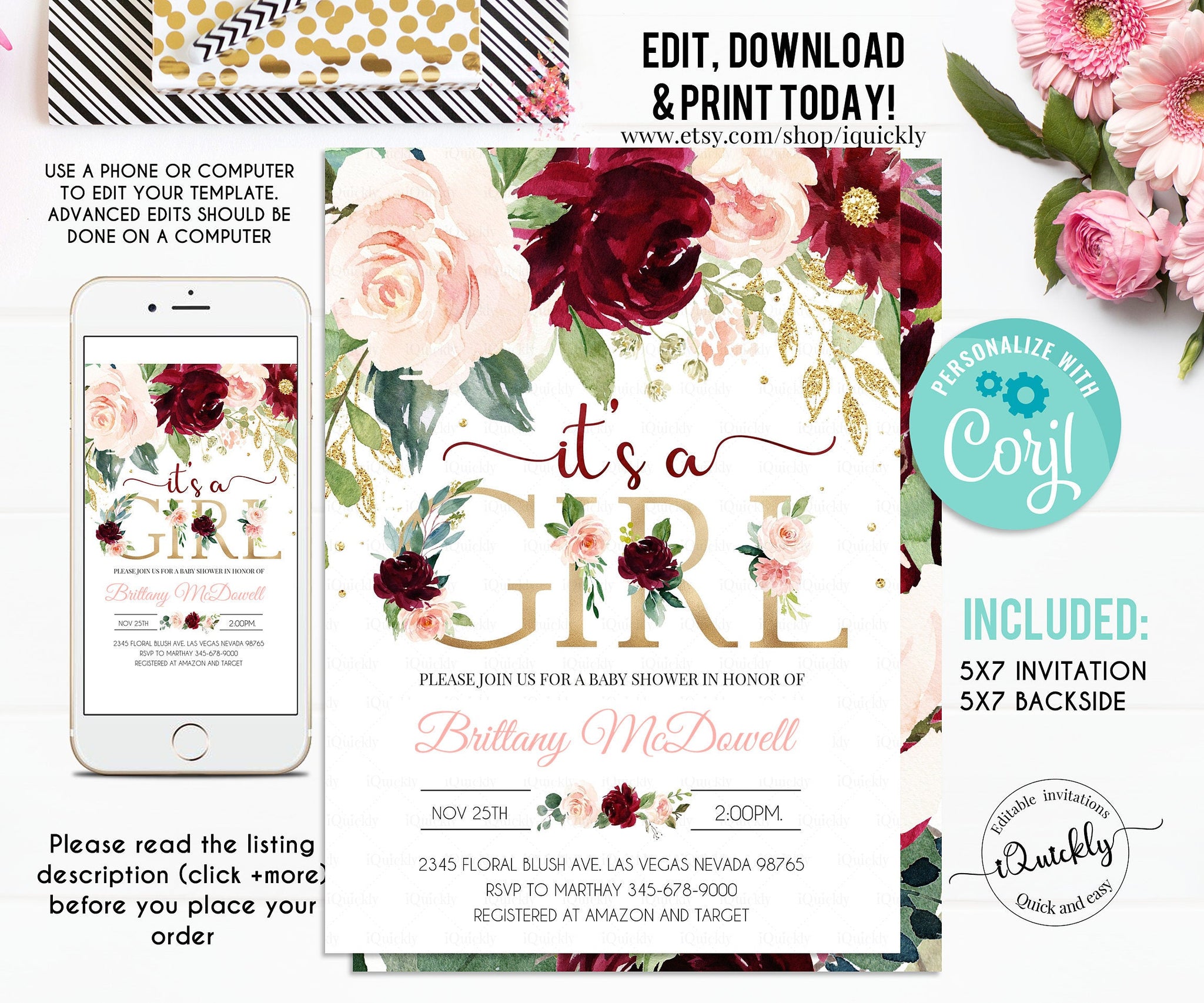Burgundy baby shower invitation, Editable Its a Girl Pink Floral Invitations, Baby Shower Invites Template Printable Instant download