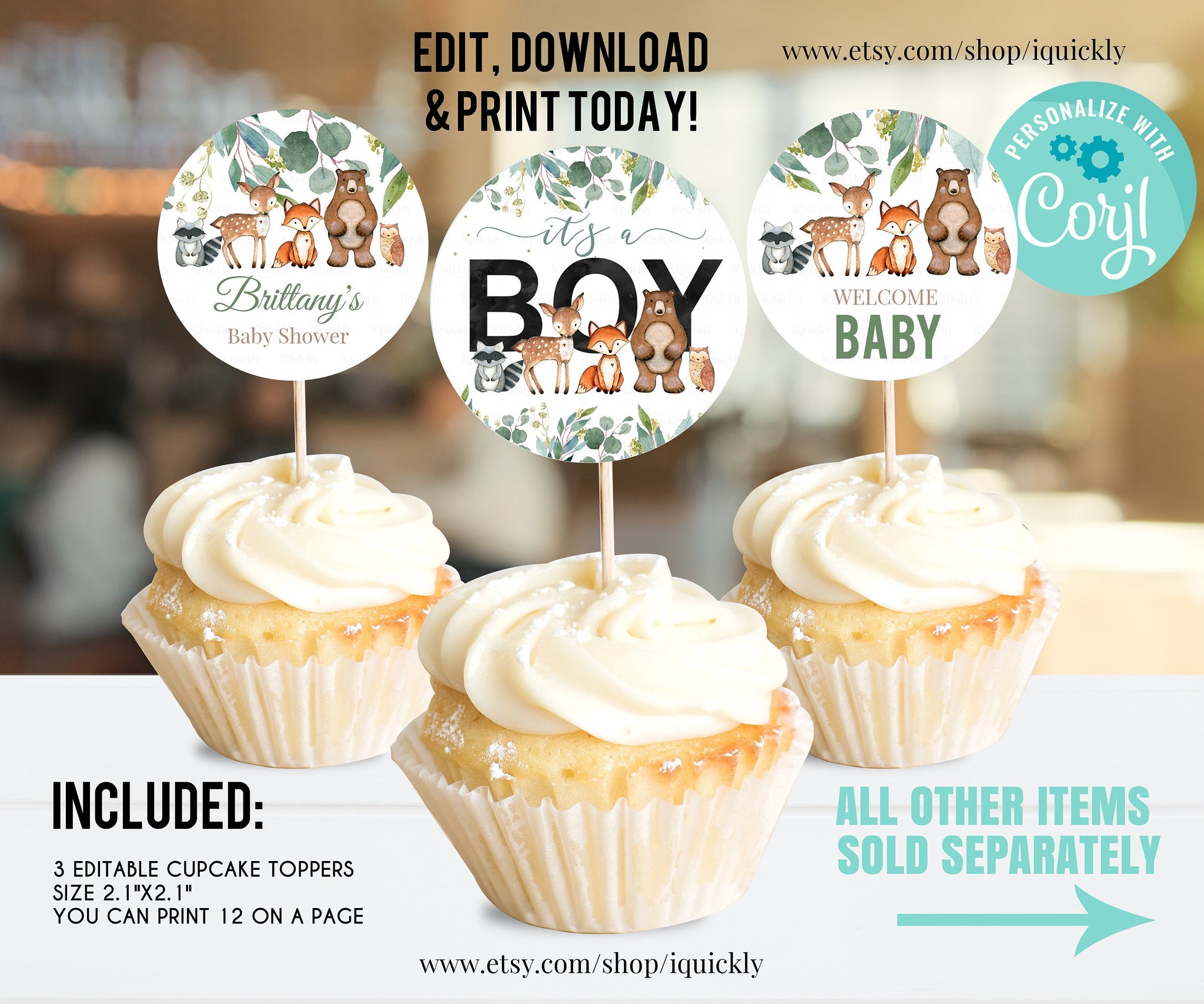 EDITABLE Woodland baby shower Cupcake Toppers, Gender neutral Baby Shower Decorations, Birthday Cake toppers Instant download Printable